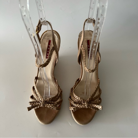 Prada Wedge Platform Sandals Cream Leather Ankle Strap Cork  Size 39.5 - Picture 2 of 9